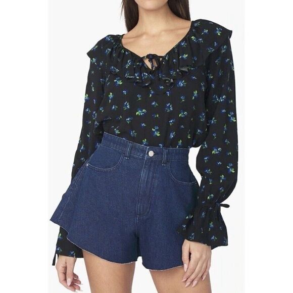 WeWoreWhat Ruffle Blouse Sz Small Water Color Ditsy Floral Black Revolve NEW - Picture 1 of 6